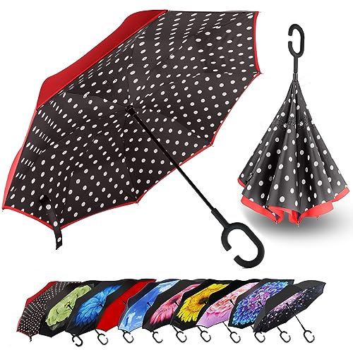 MRTLLOA Winddichter umgekehrter Regenschirm mit UV-Schutz, C-förmiger Griff, doppellagiger Stockschirm für Regen (roter Punkt, 56 Zoll)
