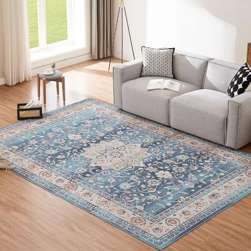 CHOSHOME Teppich Wohnzimmer 200x290CM Waschbar in Waschmaschine Teppiche Schlafzimmer Blau Boho Vintage Kurzflor Teppich Flauschiger In und Outdoor rutschfest