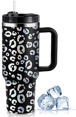 PRAOAHEI 40oz Thermobecher mit Strohhalm und Henkel,1180 ML Aufgewertet Doppelwandiger Edelstahl Heiße Kalte Getränke Vakuum Trinkbecher,Kaffeebecher für Zuhause Reisen Schwarz