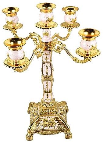 Kandelaber Kerzenhalter mit Metallarm, für Hochzeiten, Abendessen oder Als Heimdekoration Kerzenlicht Verleiht Dem Charme der Alten Welt (Fünf Köpfe in Gold und Weiß)