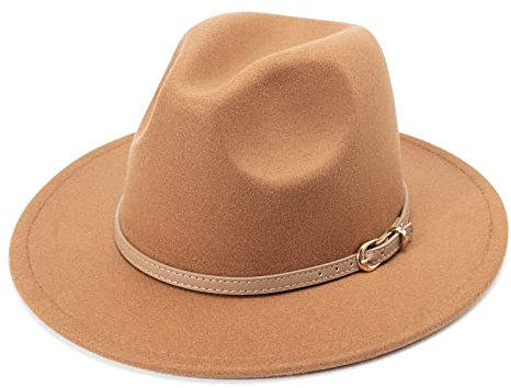 DRESHOW Fedora-Hut mit breiter Krempe für Damen Gürtelschnalle Retro-Panama-Schlapphut