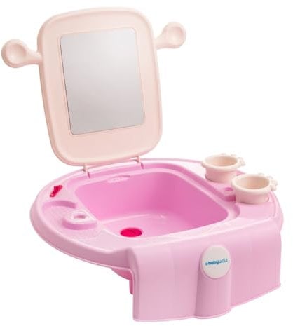 babywalz basics Kinderwaschbecken pink - mit bruchsicherem Spiegel und Ablaufstöpsel - inkl. 2 Zahnputzbechern - leichte Montage - 39(L) x 13(B) x 40(H) cm - ab 12 Monaten