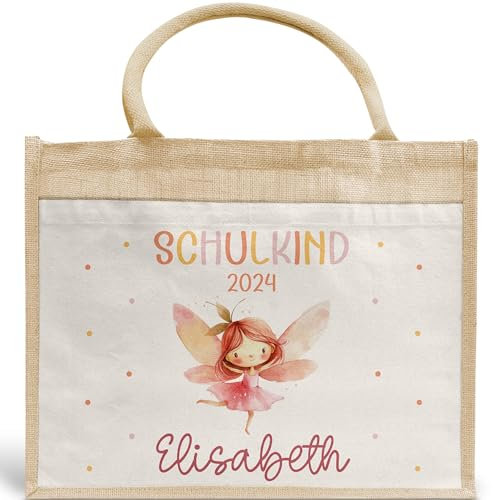 kleinebuchstaben Schulkind Tasche, Personalisiert Namen Ballerina Fee Rosa Mädchen, Geschenk Einschulung, Schultüte, personalisierte Jutetasche, Einschulungsgeschenk