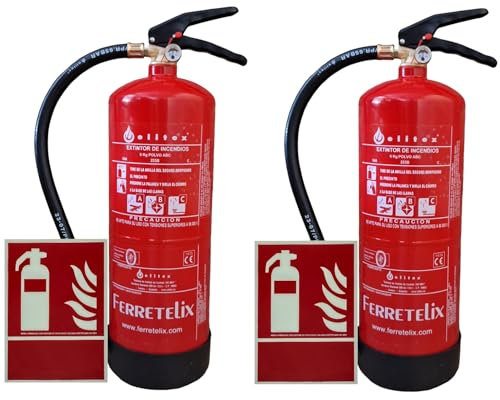 FERRETELIX®. 2 EXTINTORES DE 6 KG ABC ALTA EFICACIA. 34 A 233 B + 2 SEÑALES FOTOLUMINISCENTES DIN A4 FECHA DE FABRICACIÓN 2025