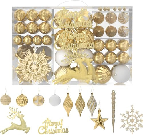 FIVMEN Weihnachtskugeln Gold 108er Set Christbaumschmuck Weihnachtsdeko Plastik inkl. Christbaumkugeln, Stern, REH Schneeflocke Weihnachtsdekoration Weihnachtsschmuck