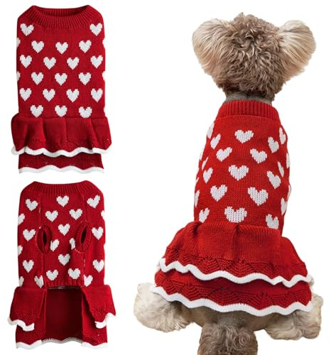 Winmany Valentinstag-Hundepullover Klein Mittel Katzen Hunde Rot Rosa Herz Kleid Haustier Winter Rollkragen Pullover Strickwaren (Rot, S)