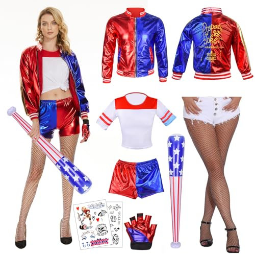 Ulikey Clown Kostüme für Erwachsene, Halloween Clown Kostüm Mädchen Cosplay Set Enthalten Tattoo Joker, Jacke, Shorts, T-Shirt, Handschuh, Netzstrümpfe für Halloween Cosplay (L)