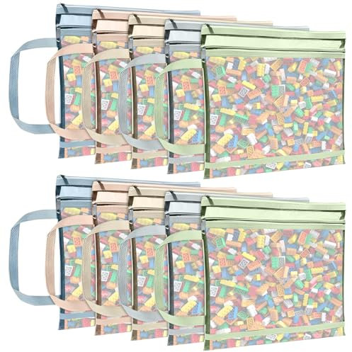 10 Packs Mesh Zipper Pouch Bags,5 Colors A4 Double-Layer Nylon Puzzle Building Block Sets with Handle Pocket,Breathable See Through Toy Storage for School Office Games Puzzles Stationery Books