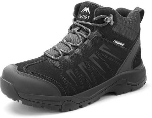 OUTJET Men's Waterproof Walking Boots Lightweight Comfortable Leather Mid Ankle Hiking Boots Black