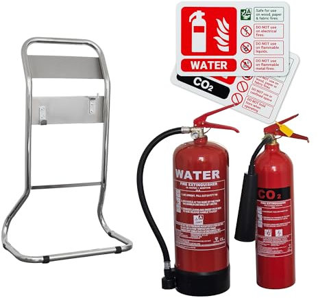 iCan Double Chrome Fire Extinguisher Stand Bundle – Includes 6L Water & 2kg CO2 Extinguishers with ID Signs – Modern Freestanding Fire Safety Solution for Business Use