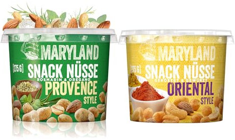 Maryland Snack Nüsse 2er Pack Provance & Oriantal Style - Knackige Nussmischungen mit verfeinert mit typischen Gewürzen - Mixpack zum Probieren im wiederverschließbaren Becher - 2 x 275 g