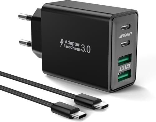 USB C Ladegerät mit USB C Kabel 2M für iPhone 17 16 15 Pro Max Plus, iPad, Handys, 40W 4-Ports Schnellladegerät SteckerMehrfach USBC Fast Charger Netzteil PD 3.0 Power Adapter Ladestecker