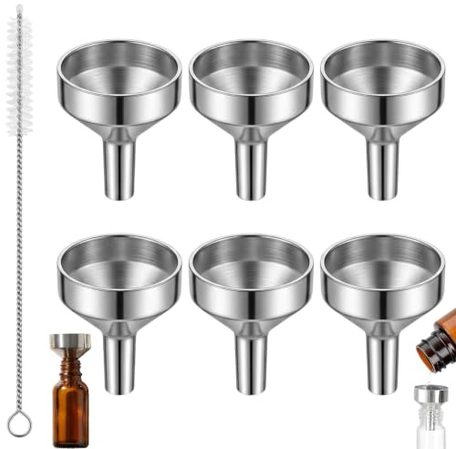 Mini Funnel Set, Small Funnel for Mini Bottles, Hip Flask Funnel, 6 Silver Mini Funnels with Cleaning Brush