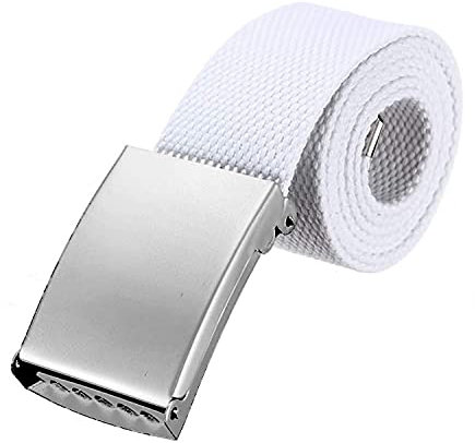 Weddecor Unisex-Gurtbandgürtel, passend für 66-129,5 cm Armee-Combat-Stil, Canvas-Material mit glänzender silberfarbener Schnalle, Schiebeverschluss für Freizeitkleidung Gr. 32 - 51, weiß