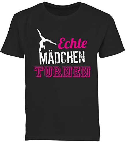 Kinder T-Shirt Jungen - Sport Kleidung - Echte Mädchen Turnen I Geschenk Turnerin - 140 (9/11 Jahre) - Schwarz - Maedchen Sportshirt 25. Geburtstag Turn tichert Turner Shirt Gymnastic Tshirt