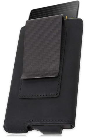 Fidelo Minimalistische Geldbörse für Herren - RFID Kartenetui Herren - Schlankes Kreditkartenetui Herren - Geldbörsen mit 3K-Kohlefaser-Geldscheinklammer, abnehmbare Schwarze Ledertasche