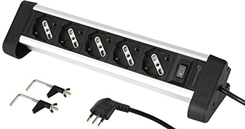 Electraline 61906 Multipresa Corpo in Alluminio con 5 Posti Polivalenti, Schuko + 10/16 A, 2 Supporti per Fissaggio alla Scrivania, Spina Piccola 10 A, Nero/Argento