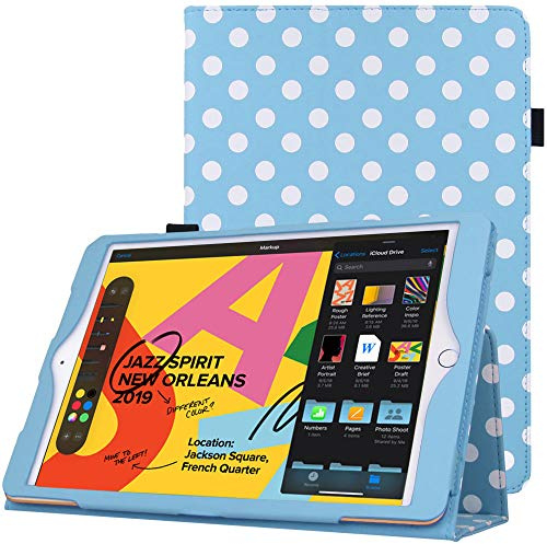 TECHGEAR Leather Case for Apple iPad 10.2 2021/2020 / 2019 [9th / 8th / 7th Generation] Premium PU Leather Slim Folio Case Cover with Stand, Hand Strap & Auto Sleep/Wake Function [Blue Polka Dot]