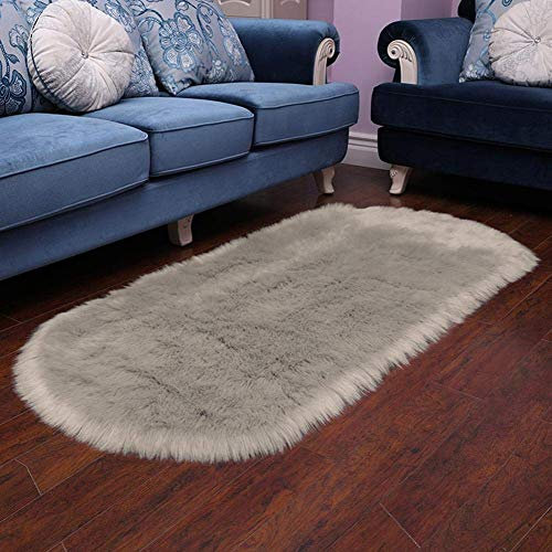 Plüsch-Kinderteppich, Wohnzimmer, waschbar, Schlafzimmer, rutschfest, Kunstfell-Teppich, Sofa, Boden, Wolle, oval, Kinderzimmer, 60 x 120 cm, grau