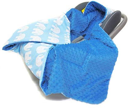 Doppelseitige Einschlagdecke für Babyschale Autokindersitz Buggy Kinderwagen 90x90cm - universal baby Decke (z.B. Maxi-Cosi/Cybex/Römer) (Auto Einschlagdecke weisse Elefanten blau - Minky blau)
