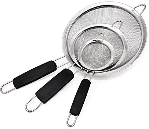 Makerstep - Juego de 3 coladores de malla fina de acero inoxidable, tamiz de alambre con mango aislado, utensilios de cocina, de 8,6 cm, 14 cm y 20 cm