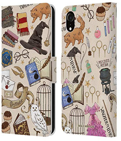 Head Case Designs Officially Licensed Harry Potter Hogwarts Pattern Deathly Hallows XXXVII Leather Wallet Case Compatible With Apple iPhone XR