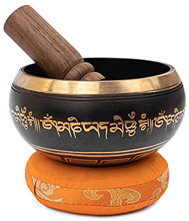 Bol Tibetain | Bol Chantant Tibetain dans Coffret en papier Népalais avec Maillet et Coussin | Magnifique son pour la méditation et la relaxation | Motif de gratitude | Bol noir antique Fait Main
