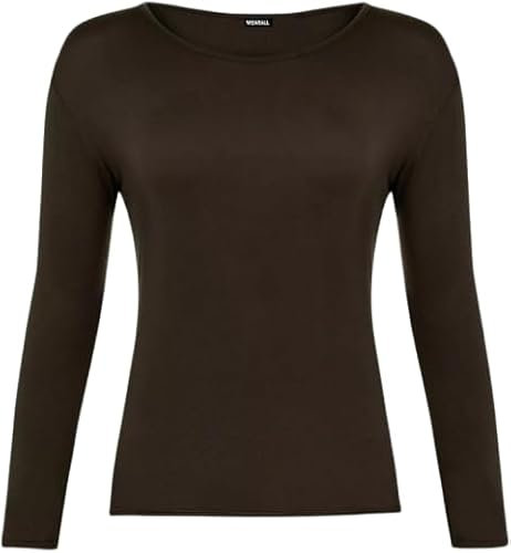 New Ladies Long Sleeve Round Neck Plain Basic Women's Stretch T-Shirt (Brown, 12)