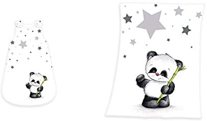 Herding Baby Best Baby-Schlafsack, Panda Motiv, 70 cm, Seitlich umlaufender Reißverschluss und Druckknöpfe, Weiß & Fynn Babydecke, Panda Motiv, 75 x 100 cm, Microfaserflausch, Weiß
