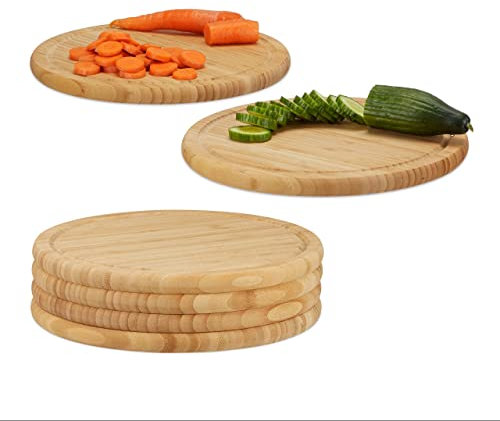 Relaxdays Lot de 8 Planche Petit-déjeuner en Bambou, Set 30 cm, Planche à découper, Planche de Service Ronde, Nature