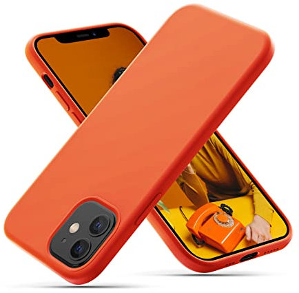 CALOOP Slim-Fit for iPhone 12/12 Pro Case,Skin Soft Liquid Silicone,Sturdy Hard Frame Shockproof Cover with Anti-Scratch Microfiber Lining,Full Protection for Screen and Lens,6.1 inch,Kumquat Orange
