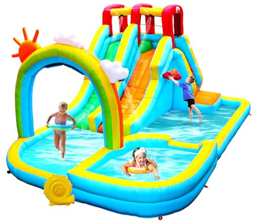 WELLFUNTIME Inflatable Water Double Slides Park with Blower, Bouncy Castle with Rainbow Water Curtain, with Shooting and Rock Climbing