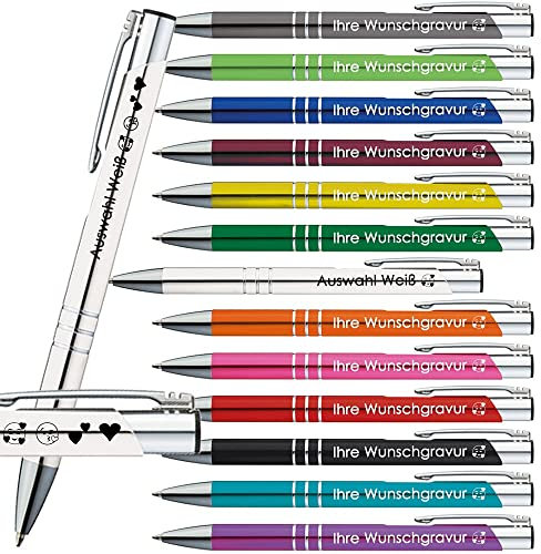 Generisch 100x Kugelschreiber mit Gravur | Emojis Gravur | 13 Farben Auswahl | Personalisierte Werbekugelschreiber mit Wunschgravur | (Weiß, 100 Stück)