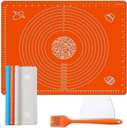 27.5inx19.7in Non-Stick Silicone Baking Mat，Large Baking Pastry Mat，with Dough Scraper and Pastry Brushes, Non-Slip Fondant Rolling Mat Kneading Board Mat (Orange)