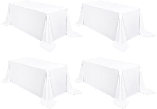 4 Stück weiß Polyester Tischdecke 229 x 335 cm Rechteck Tischdecke für 8-Fuß Rechteck Tische, Fleck und Falten Beständige Waschbare Polyester Tischdecke für Hochzeit Parteien Bankett Küche