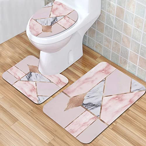 Bathroom Mat, Bathroom Non-slip Mat,Marble Pink Rose Gold,Bath Mat Set 3 Pieces Absorbent Non-Slip Bath Mat Toilet Rug Bath Rug for Bathroom, Bedroom, Kitchen