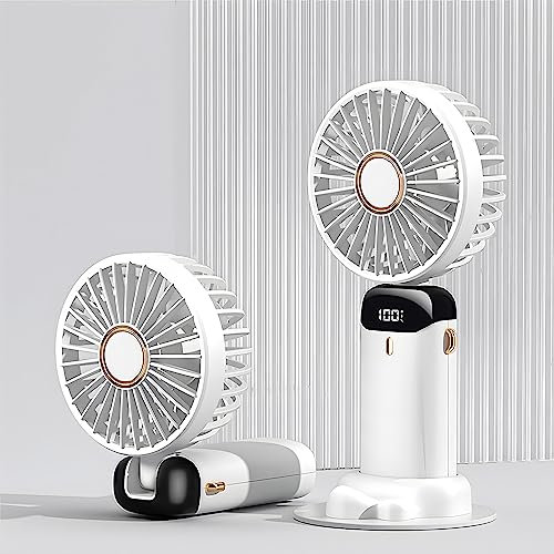 Ausolee Handheld Fan, 4000mAh Mini Portable Fan,USB Rechargeable,With LED Display Handheld Fan 5 speeds with Lanyard and Base Foldable.Mini Fan for Office, Home, Outdoor, Travel (White)