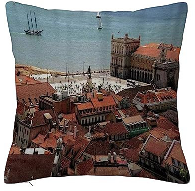 Überwurf Kissen Fall Quadratisch Kissenbezug,Blick auf das Zentrum von Lissabon Portugal mit Dächern und Meer Altstadt nostalgische Stadt,,Home Dekorative Sofa Sessel Schlafzimmer Wohnzimmer 45x 45cm