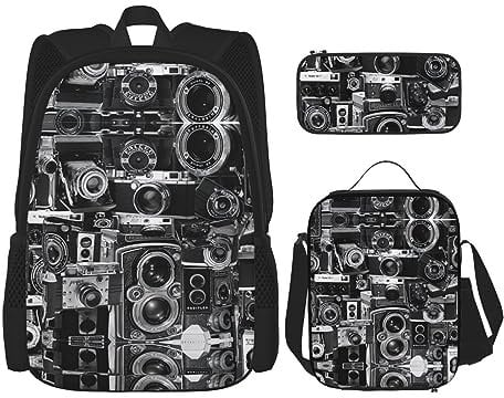 KoNsev Drucken Büchertaschen Set für Mittelschule Grundschule 3pcs Schultasche mit Mittagessen Tasche Federmappe, Zusammensetzung in Rot, Gelb, Blau und Schwarz, Coole Kamera-Sammlung, Einheitsgröße