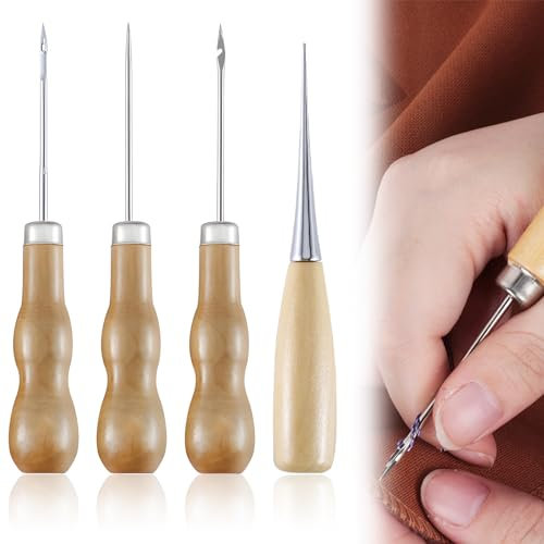 4 Stück Ahle, Schneiderahle, Aale Werkzeug, Holzgriff Pfriem DIY-Handwerkzeug Lederhandwerk Vorstecher Mit Holzgriff Ahle für Leder Werkzeuge Ahlen Profinähahle Leder Nähset Für Leder Nähen Stanzer