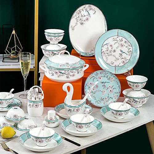 52-teiliges Blumenwiese Urlaub Porzellan Geschirrset, Tellersets und Schalensets, Speiseteller, Dessertteller, für Partys, Feiern, Familienfeiern, blau (Grün)