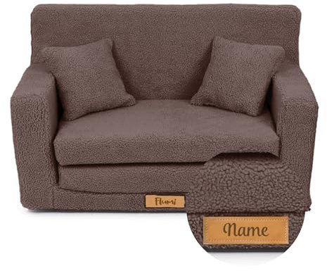 Flumi Personalisierte Kindercouch Kinder Sessel Sofa Schlafsofa jugendzimmer mit Gravur KINDERNAME Spielsofa für Kinderzimmer Schlafsessel Bettfunktion Kindermöbel 92x40x60 (Boucle Braun)