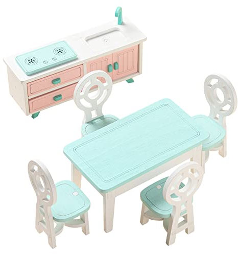 Mini Muebles de Casa de Muñecas de Madera,Estufa de Cocina y Fregadero para Casita de Muñecas de 6 Piezas, Mesa y Sillas, Accesorios de Simulación en Miniatura Juguetes para Niños(Rosa + Verde)