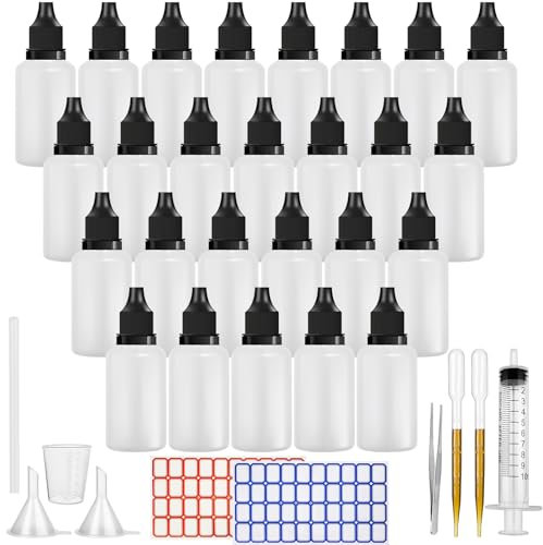 DONQL 26 Pcs 30ml Dropper Bottles Set - Empty Squeezable Eye Liquid Bottles With Syringe, Measuring Cup, and Tweezers