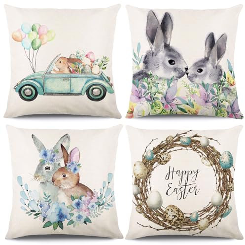KIKISML 4 Stück Ostern Kissenbezug, Baumwolle Leinen Drucken Ostern Zierkissenbezüge 45x45cm, Ostern Kissenbezüge, Happy Easter Zierkissenbezug, Sofa Kissen Osterdeko (Lastwagen Hasen)