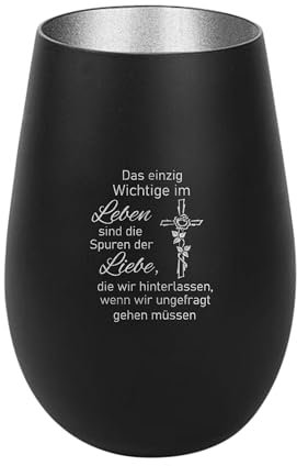 Der-Porzellan-Laden Windlicht mit Gravur Das einzig Wichtige im Leben, Schwarz Silber, Teelichthalter aus Glas mit Spruch, Tischdeko modern
