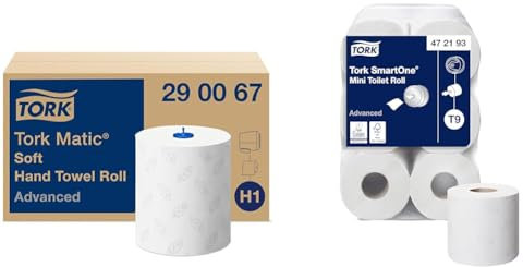 Tork Matic Essuie-mains Rouleaux en papier doux Advanced 290067 - Papier d'essuyage & SmartOne Mini papier toilette rouleau blanc T9, Advanced, 2 plis, 12 x 620 feuilles, 472193