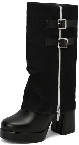 Renessmi Tacco a Blocco con Risvolto Donna Stivali a Metà Polpaccio Punta Rotonda Plateau Denim Side con Cerniera Fibbia Largo Calf Stivali da Equitazione Footwear Nero Numero 41 EU-43 Cn