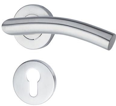 Yale Set di maniglieL 90 Curved in acciaio inossidabile per porta con rosetta per cilindro europeo 35-S1LC-RRCY-88-3101, satinate, design moderno, adatto per porte interne ed esterne