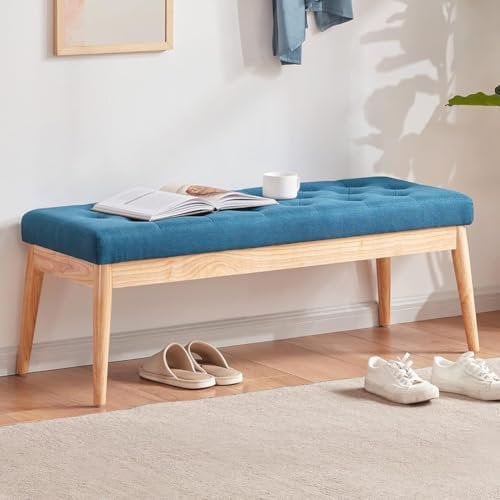 BAKAJI Panca Fondoletto in Tessuto con Struttura Legno, Cassapanca Pouf Camera da Letto, Ingresso, Ufficio, Cameretta, Soggiorno, Salotto, Panchina Ottomana Imbottitura Alta Densità (Blu)